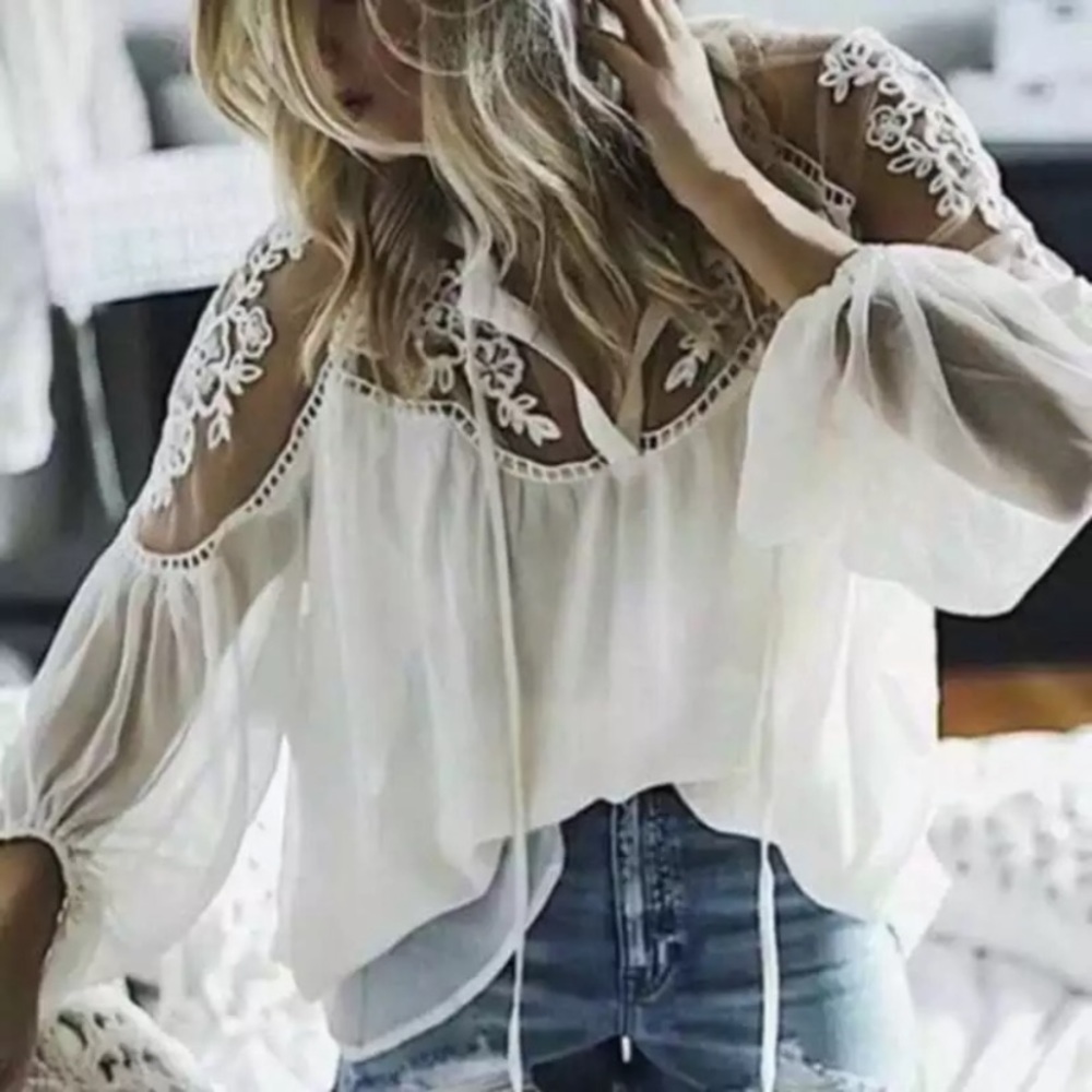 SOLD OUT White Lace Sheer Tie Front Peasant Boho Top Blouse - Picture 2 of 7